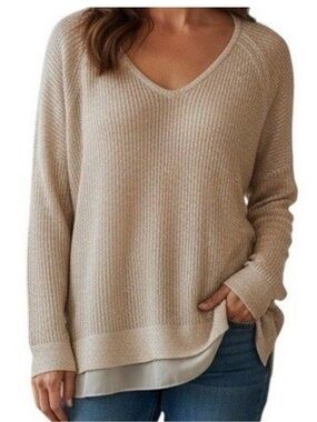 LUCKY BRAND Champagne Gold Metallic Chiffon Trim‎ V-Neck Top EUC Size Large